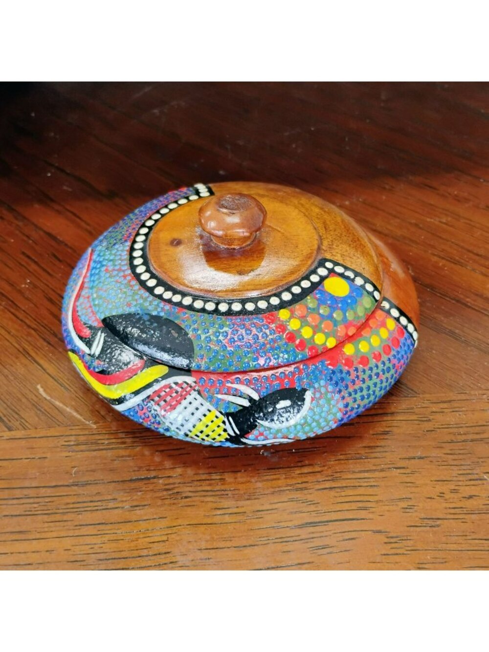 Hand-Painted Wooden Lidded Trinket Box, Aboriginal Dot Art, Valdo Australia